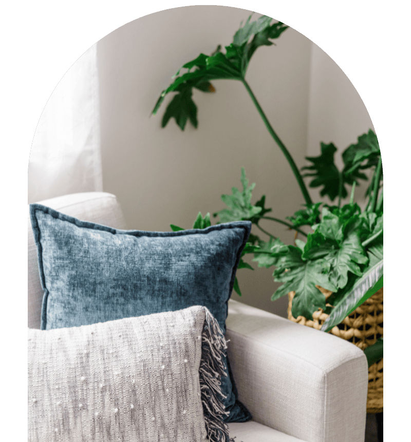 soft blue and gray pillows with greenery in the background